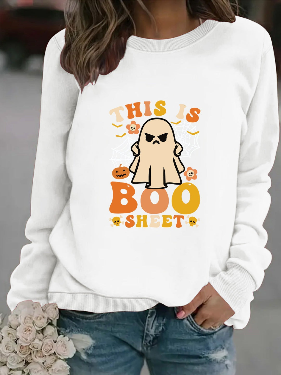 Sweatshirt pour femmes avec impression de fantôme automnal et coupe décontractée