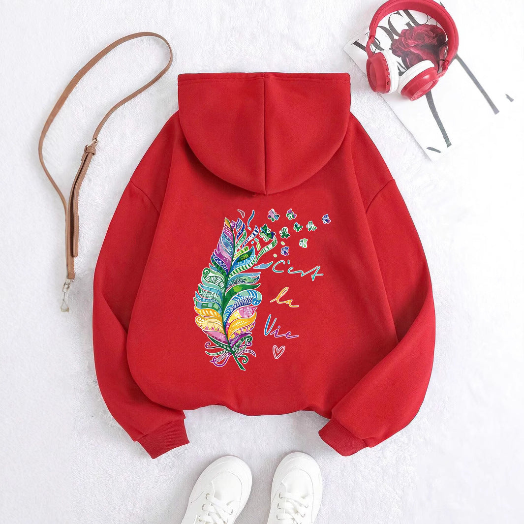 Sweat à capuche décontracté pour femmes avec design de plumes colorées et inscription inspirante