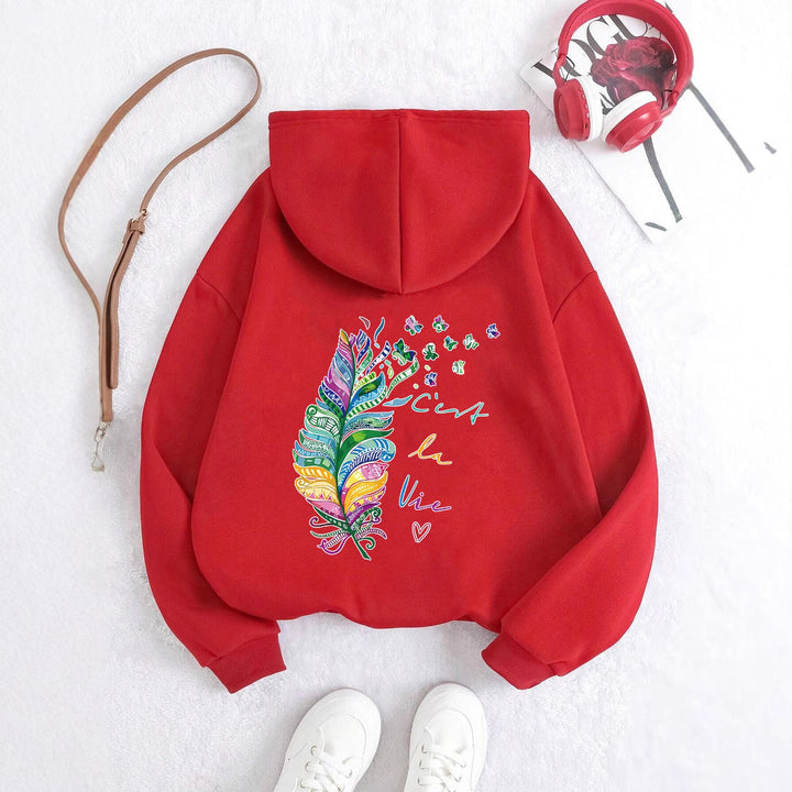 Sweat à capuche décontracté pour femmes avec design de plumes colorées et inscription inspirante