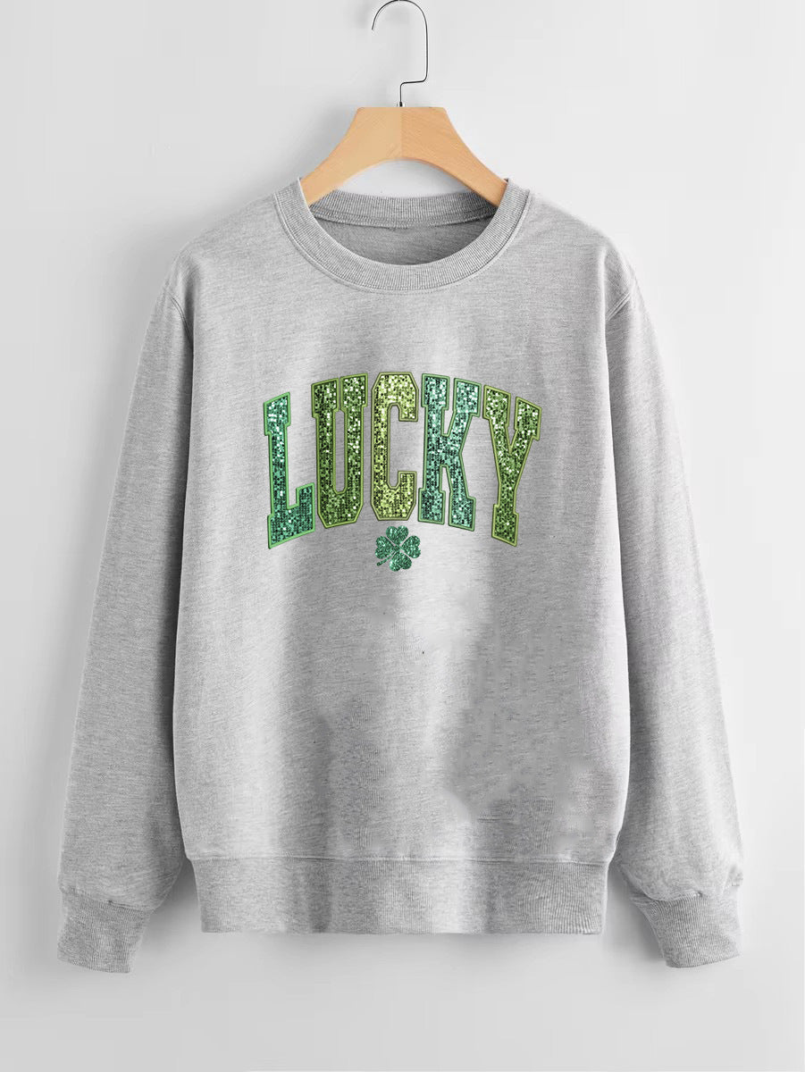 Sweatshirt décontracté pour femmes avec inscription scintillante et motif de trèfle