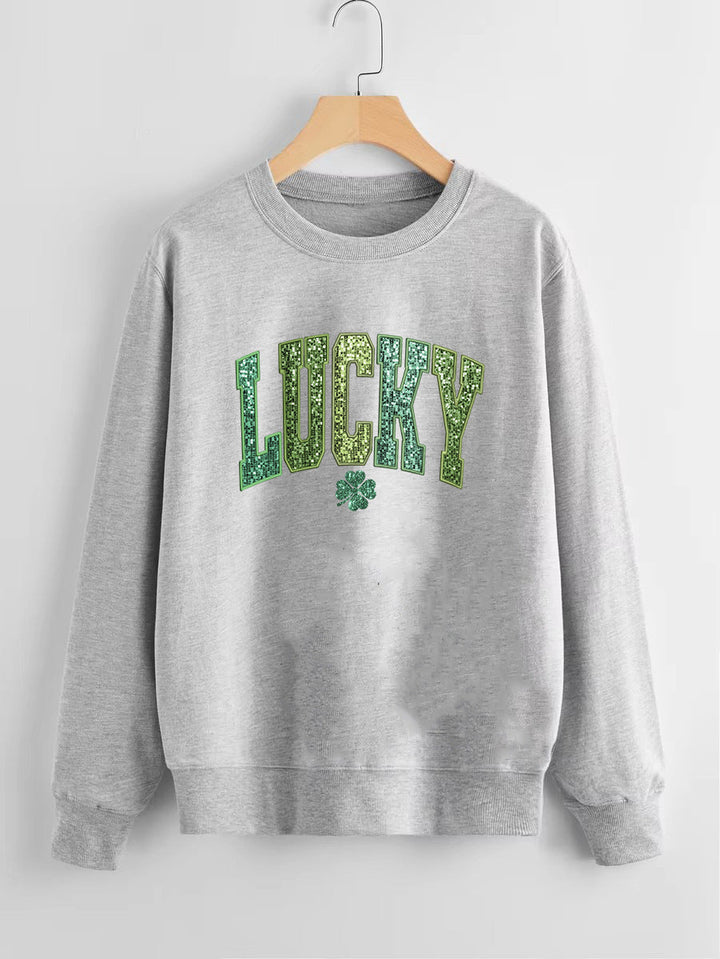 Sweatshirt décontracté pour femmes avec inscription scintillante et motif de trèfle