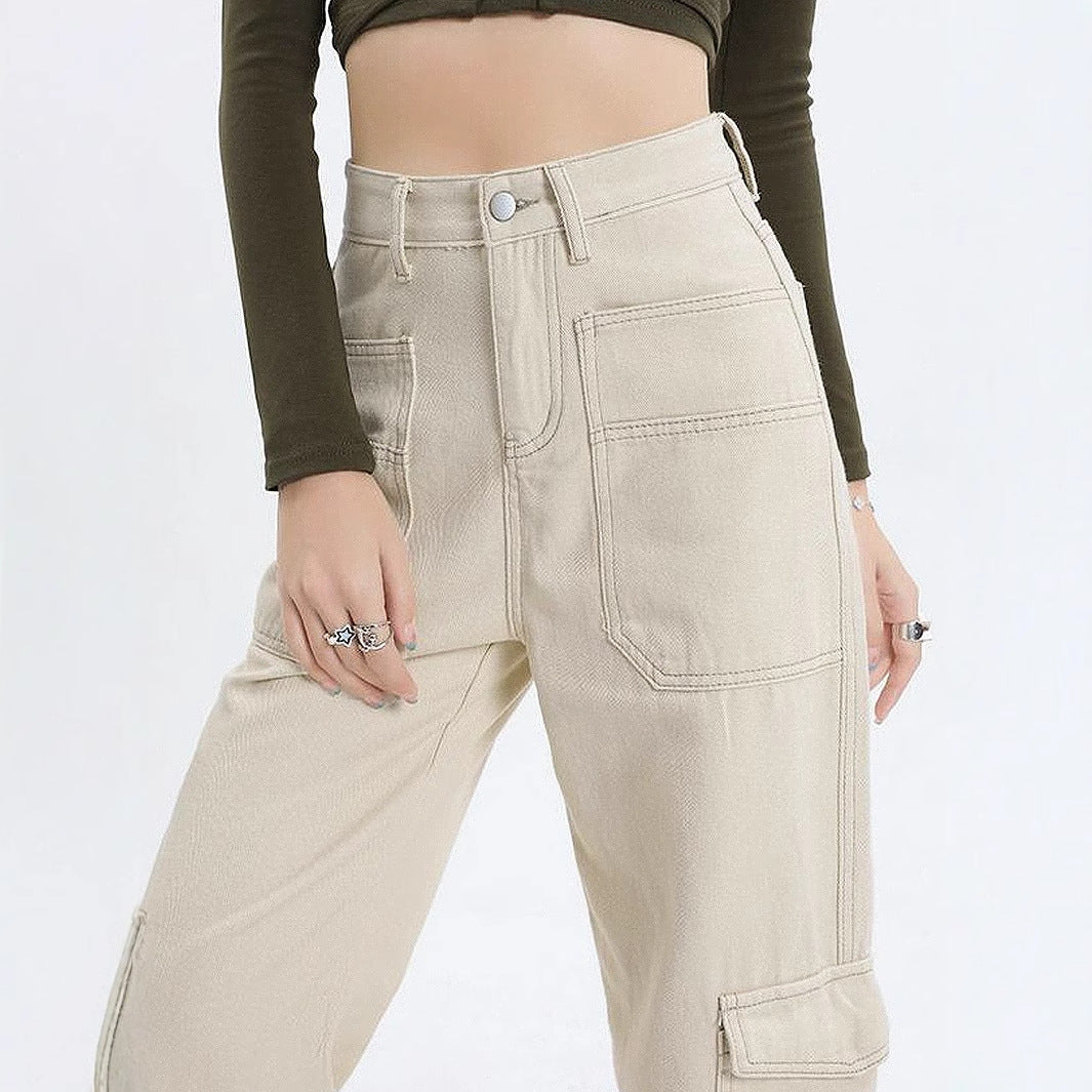 Jean cargo pour femmes taille haute avec poches pratiques