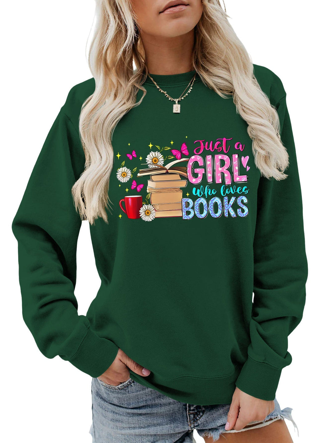 Sweatshirt pour femmes avec motif de livre accrocheur et coupe décontractée