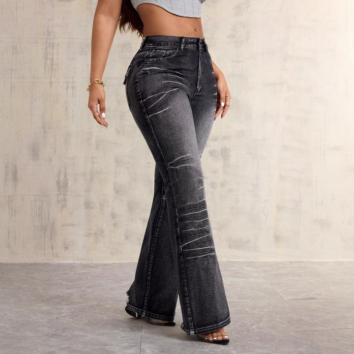 Jeans Bootcut Taille Haute pour Femmes avec Look Usé à la Mode