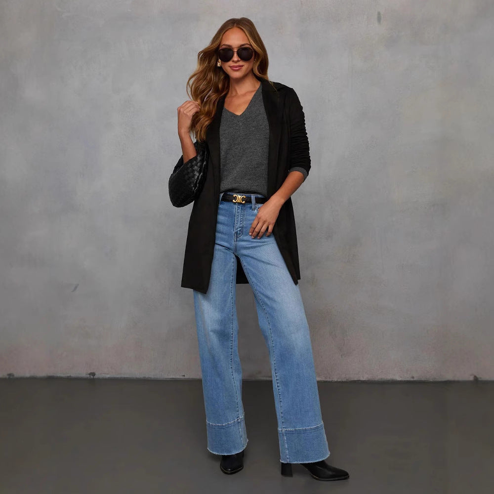 Blazer Longline Élégant pour Femmes en Similicuir Suédé