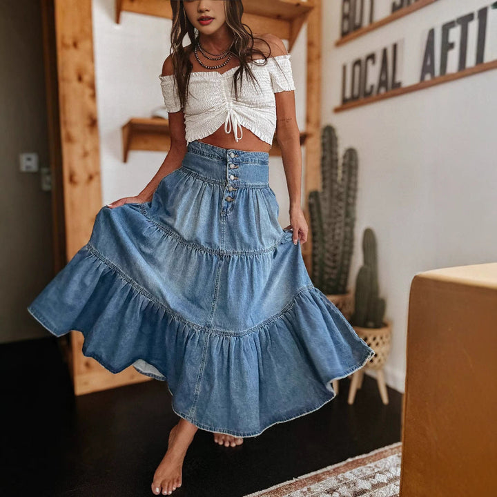Isla - Jupe midi en denim avec volants