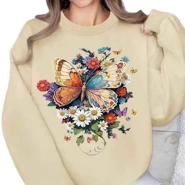 Sweatshirt à manches longues pour femmes avec impression florale de papillon