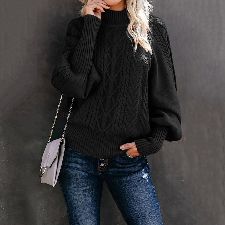 Pull en maille épaisse pour femmes avec col montant et manches ballon
