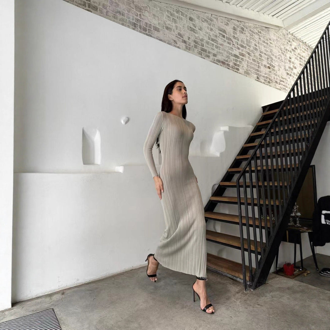Robe maxi en tricot côtelé élégante pour femmes avec manches longues et coupe ajustée