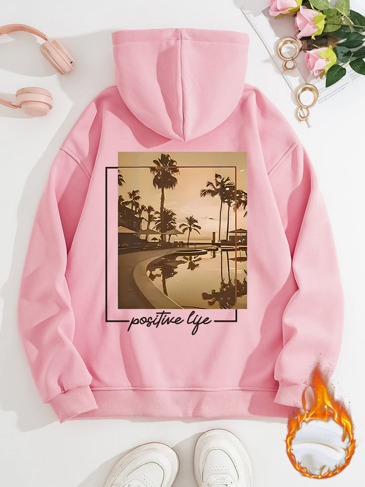 Sweat à capuche pour femmes avec motif de palmiers urbains et slogan positif