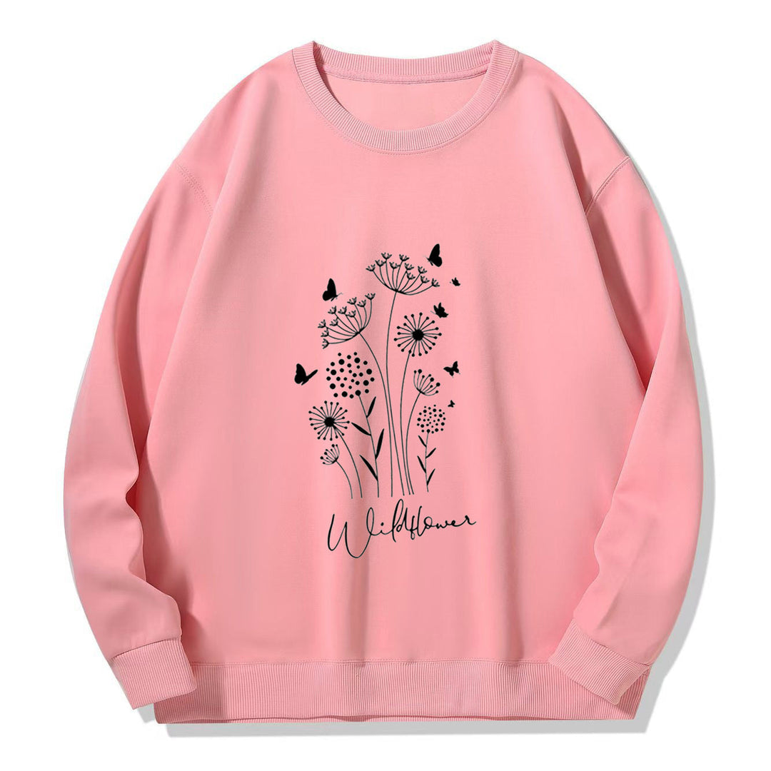 Sweatshirt pour femmes avec imprimé floral de fleurs sauvages et doublure douillette