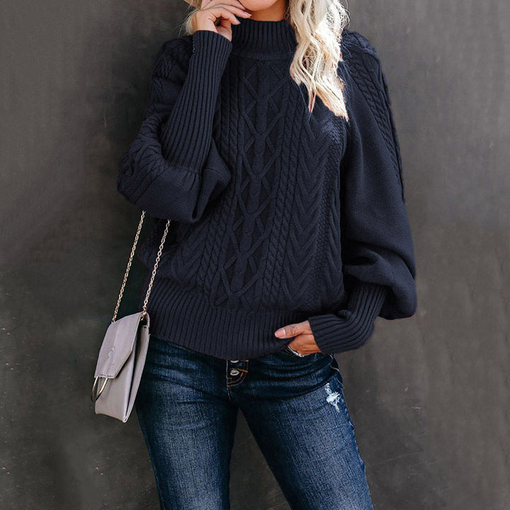 Pull en maille épaisse pour femmes avec col montant et manches ballon
