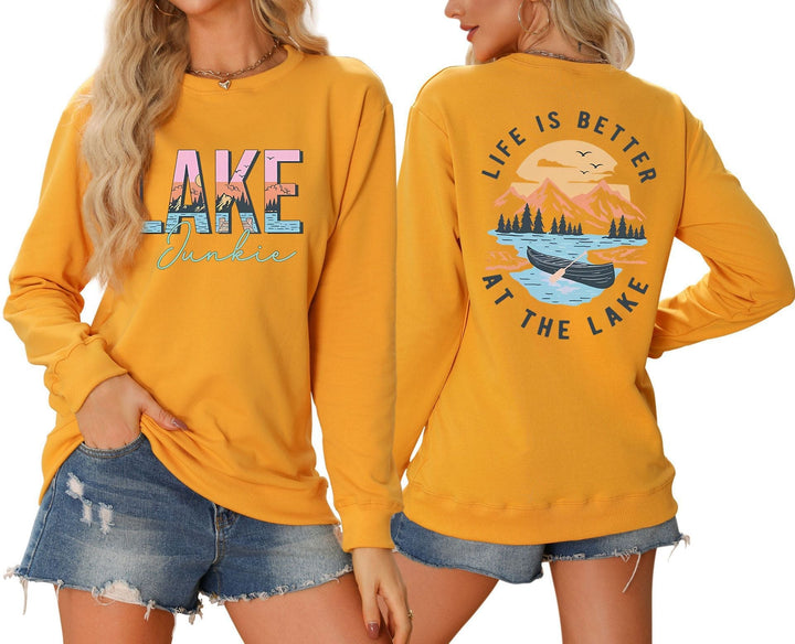 T-shirt à manches longues pour femmes avec motif lac créatif et coupe décontractée