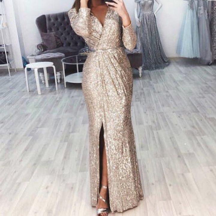 Robe de soirée longue pour femmes avec un élégant décolleté croisé et une fente