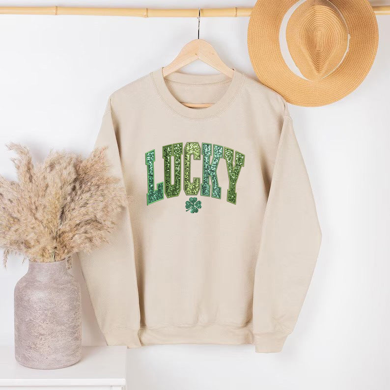 Sweatshirt décontracté pour femmes avec inscription scintillante et motif de trèfle