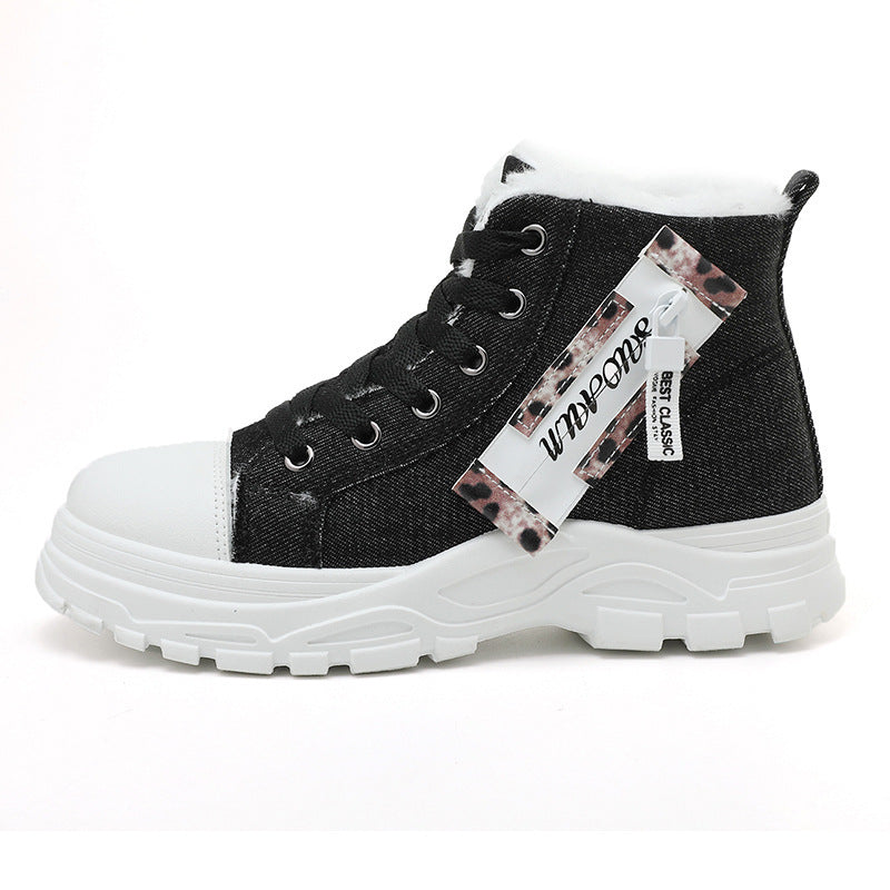 Baskets montantes pour femmes en denim robuste avec doublure en polaire douillette