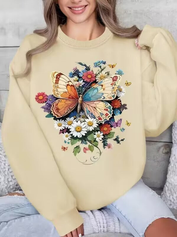 Sweatshirt à manches longues pour femmes avec impression florale de papillon