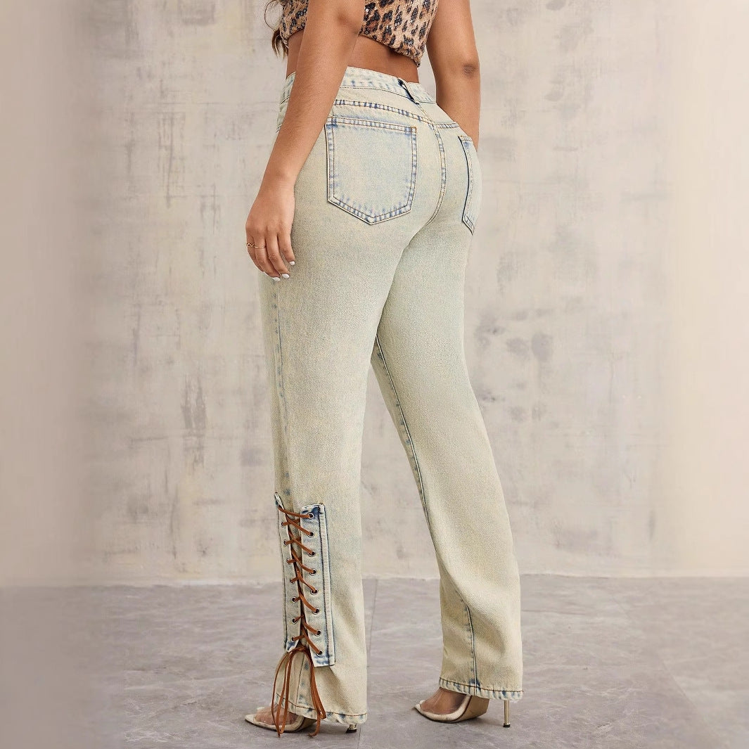 Jeans taille haute pour femmes avec des détails de lacets captivants