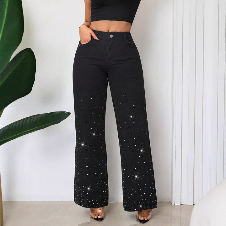 Jeans taille haute pour femmes avec des strass scintillants et une coupe large