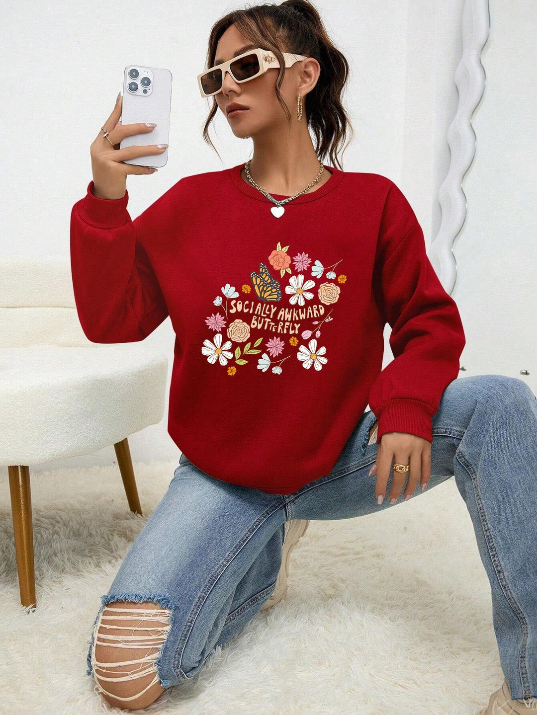 Sweatshirt pour femmes avec design floral créatif et impression inspirante
