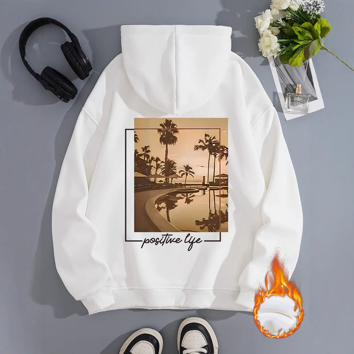 Sweat à capuche pour femmes avec motif de palmiers urbains et slogan positif