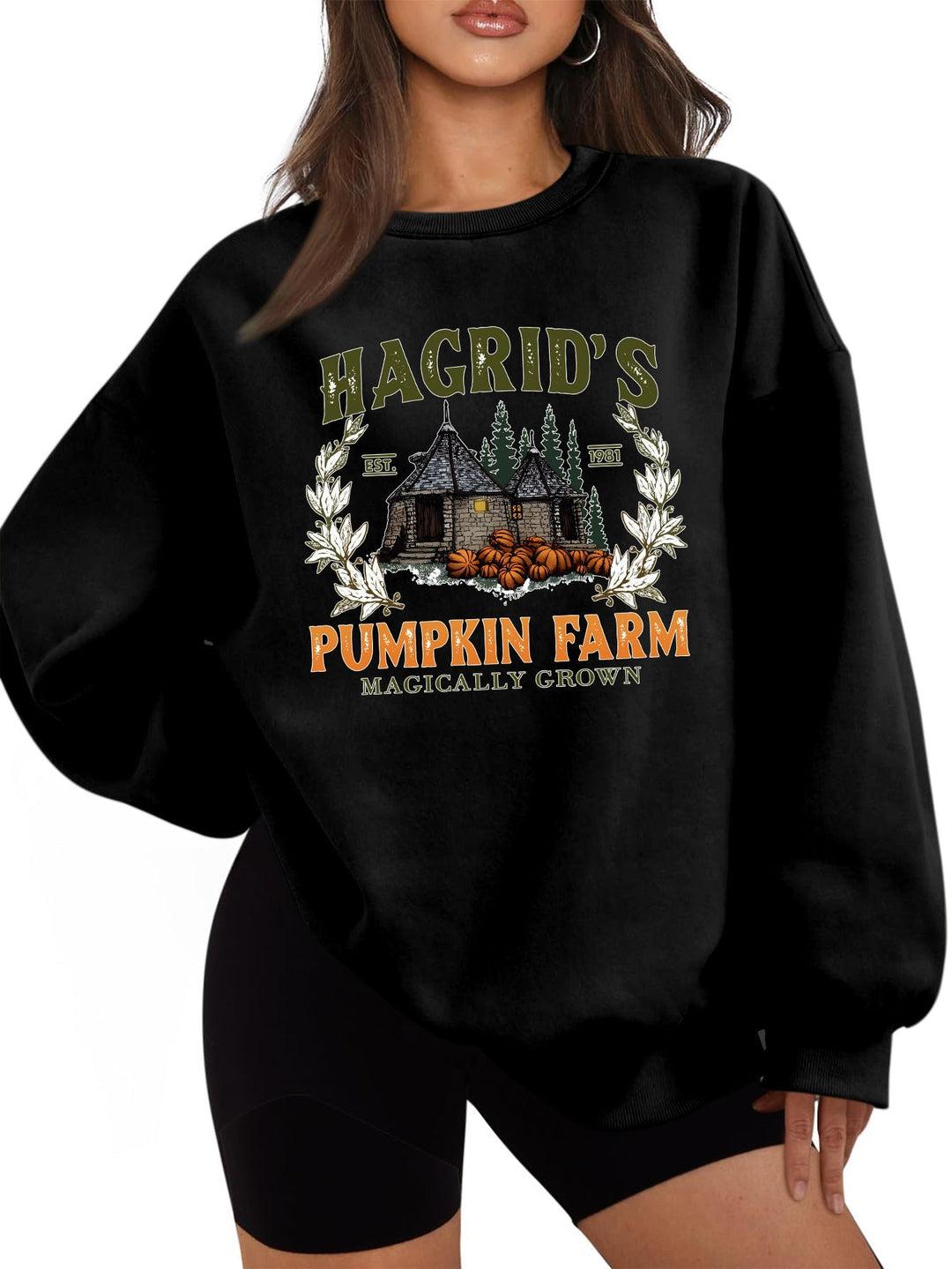Sweatshirt pour femmes avec un col rond confortable et un motif de citrouille automnal