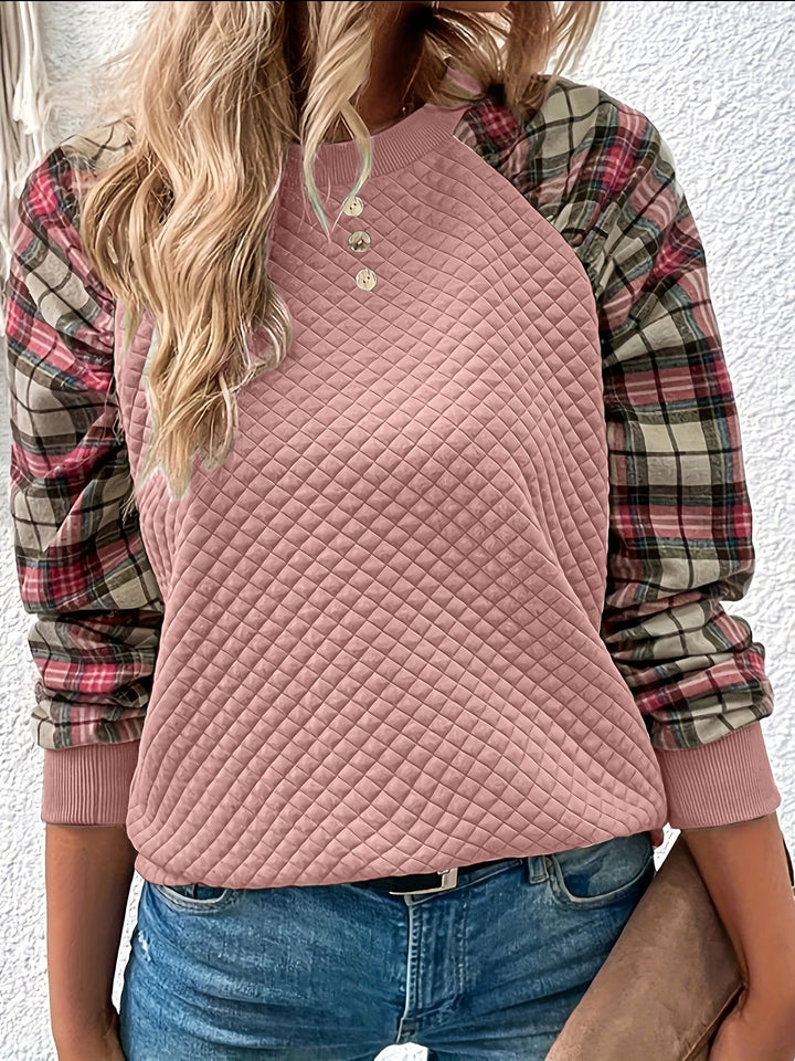 Sweatshirt femme avec texture en grille et manches à carreaux