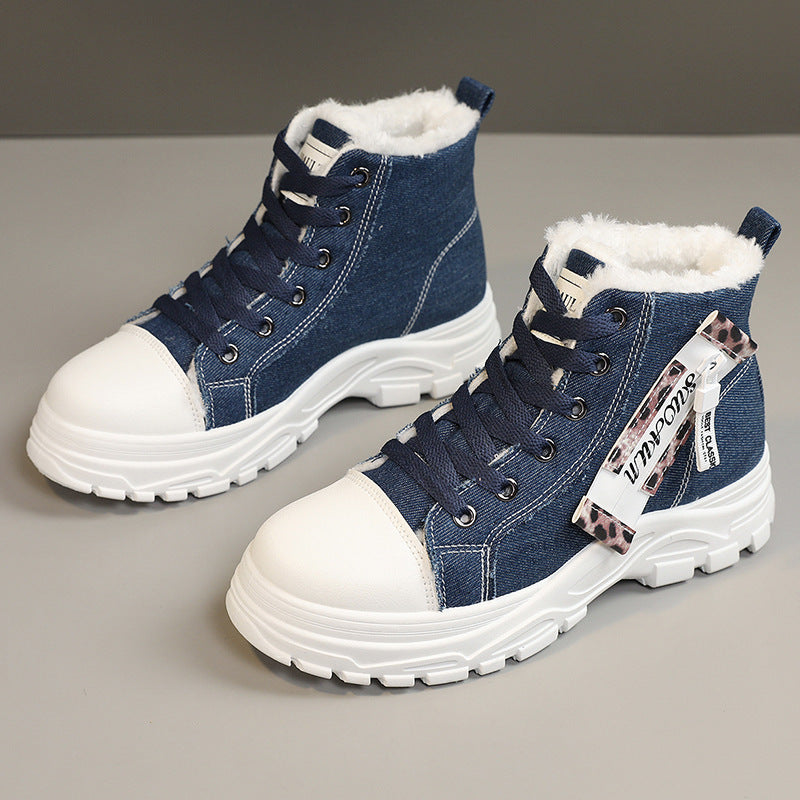 Baskets montantes pour femmes en denim robuste avec doublure en polaire douillette