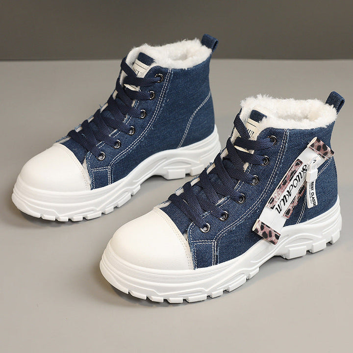 Baskets montantes pour femmes en denim robuste avec doublure en polaire douillette