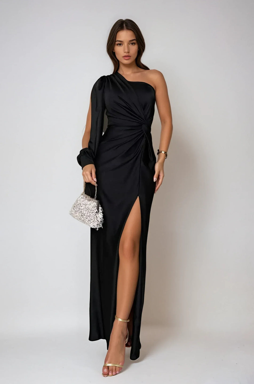 Robe de soirée maxi satinée à une épaule pour femmes