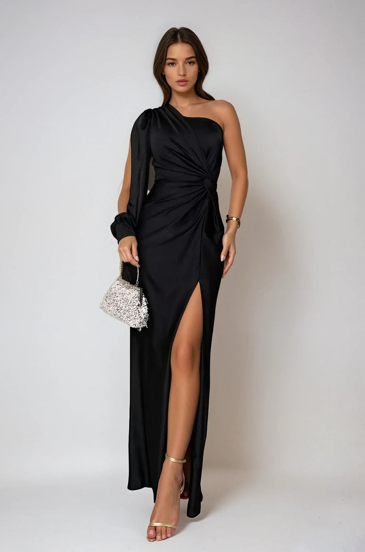 Robe de soirée maxi satinée à une épaule pour femmes