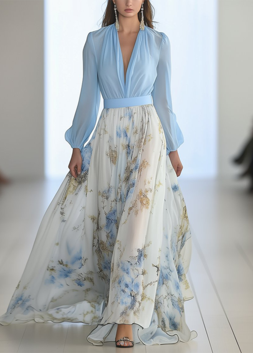 Sofie - Robe Maxi Femme avec Décolleté en V et Ourlet Fleuri
