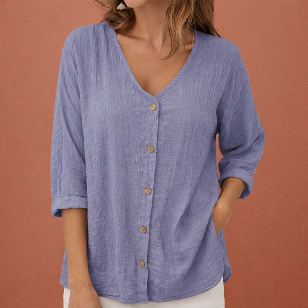 T-shirt femme à col en V avec fermeture à boutons et manches trois-quarts | Ylena