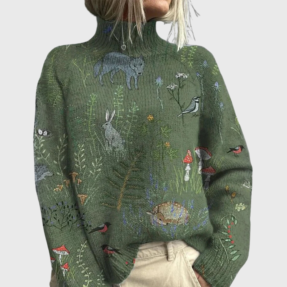 Jacqueline | Pull Femme Avec Imprimé Forestier Et Col Roulé