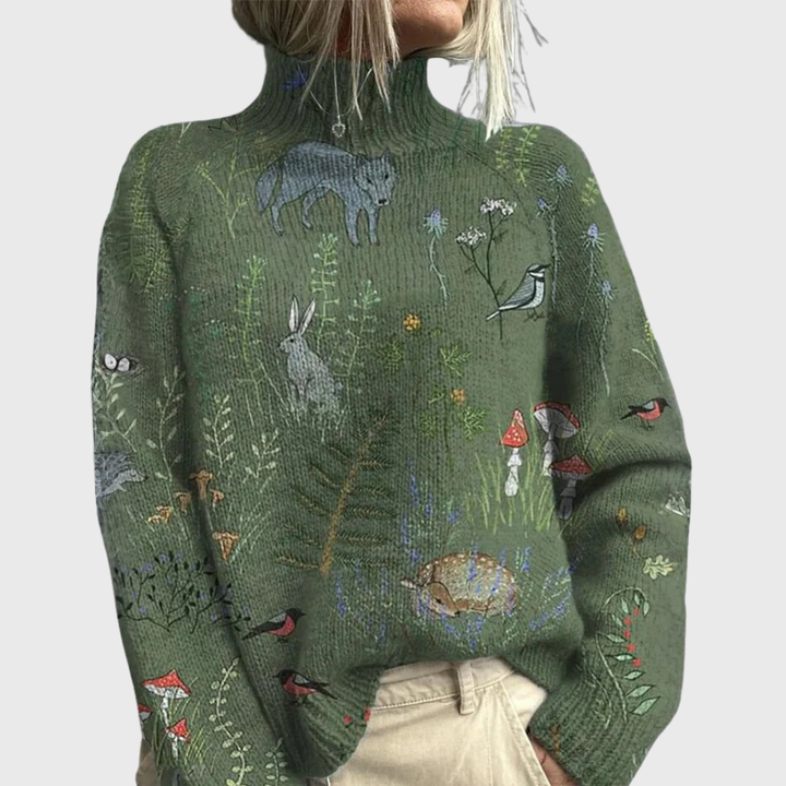 Jacqueline | Pull Femme Avec Imprimé Forestier Et Col Roulé