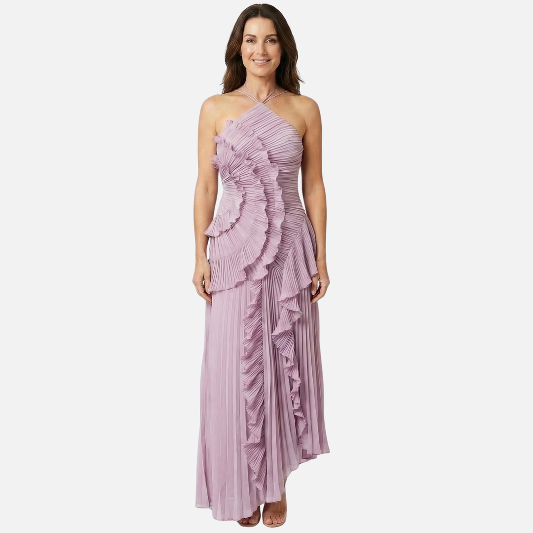 Frauke | Robe Maxi Chiffon Plissée pour Femmes à Décolleté Dos Nu avec Volants – Maxi Volants Plissée