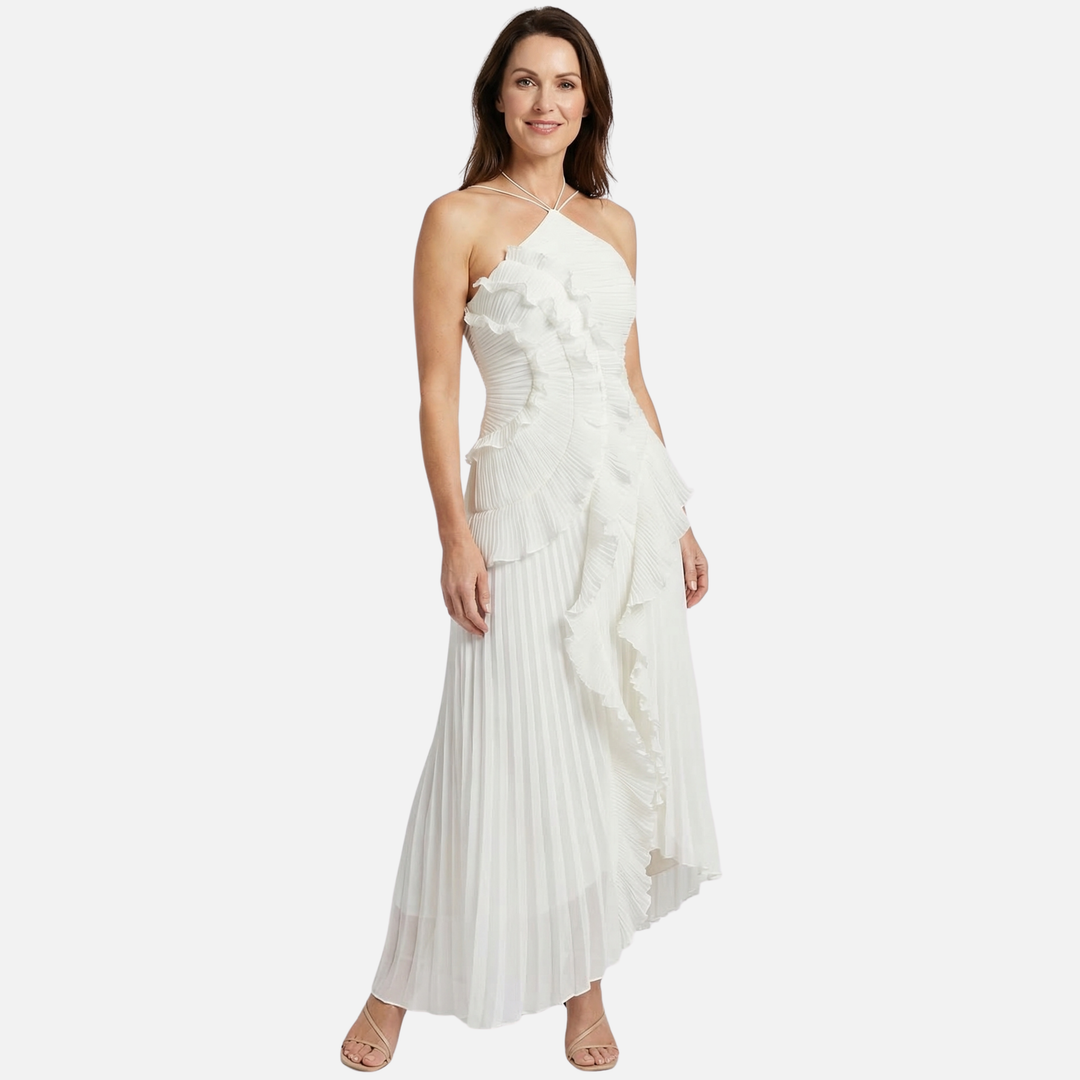 Frauke | Robe Maxi Chiffon Plissée pour Femmes à Décolleté Dos Nu avec Volants – Maxi Volants Plissée