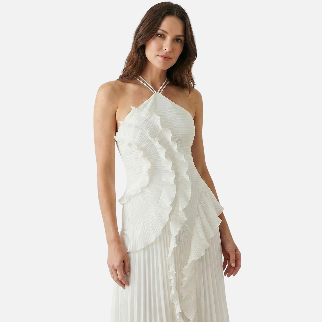 Frauke | Robe Maxi Chiffon Plissée pour Femmes à Décolleté Dos Nu avec Volants – Maxi Volants Plissée