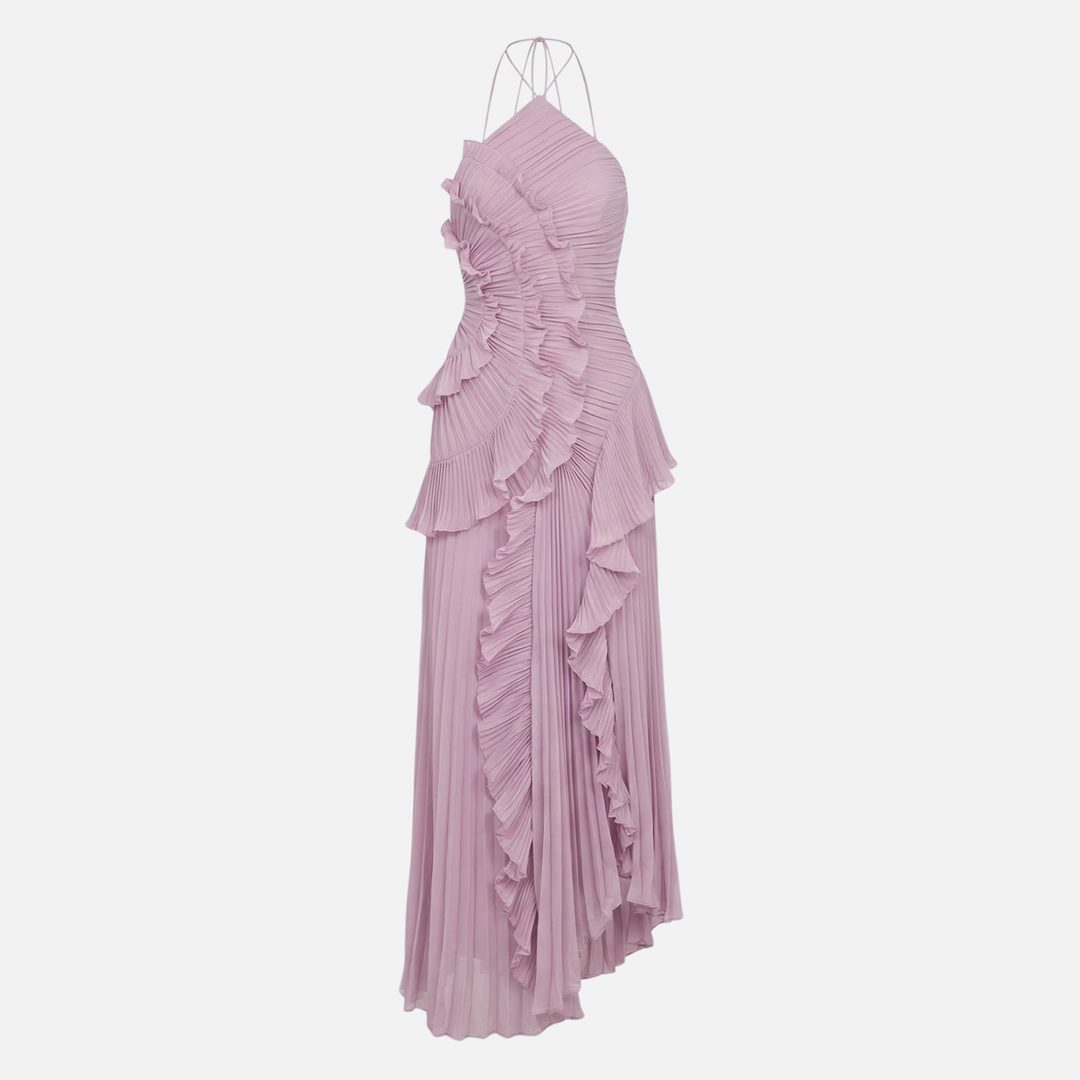 Frauke | Robe Maxi Chiffon Plissée pour Femmes à Décolleté Dos Nu avec Volants – Maxi Volants Plissée
