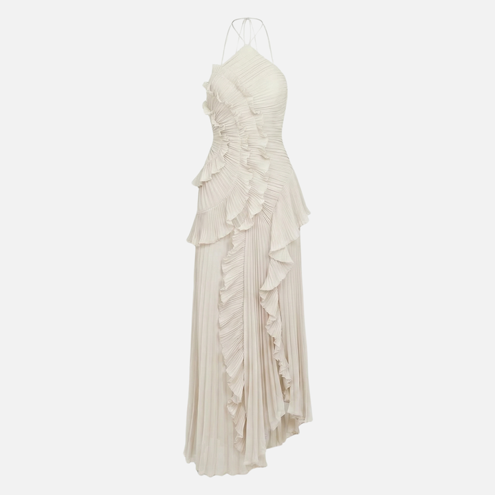 Frauke | Robe Maxi Chiffon Plissée pour Femmes à Décolleté Dos Nu avec Volants – Maxi Volants Plissée