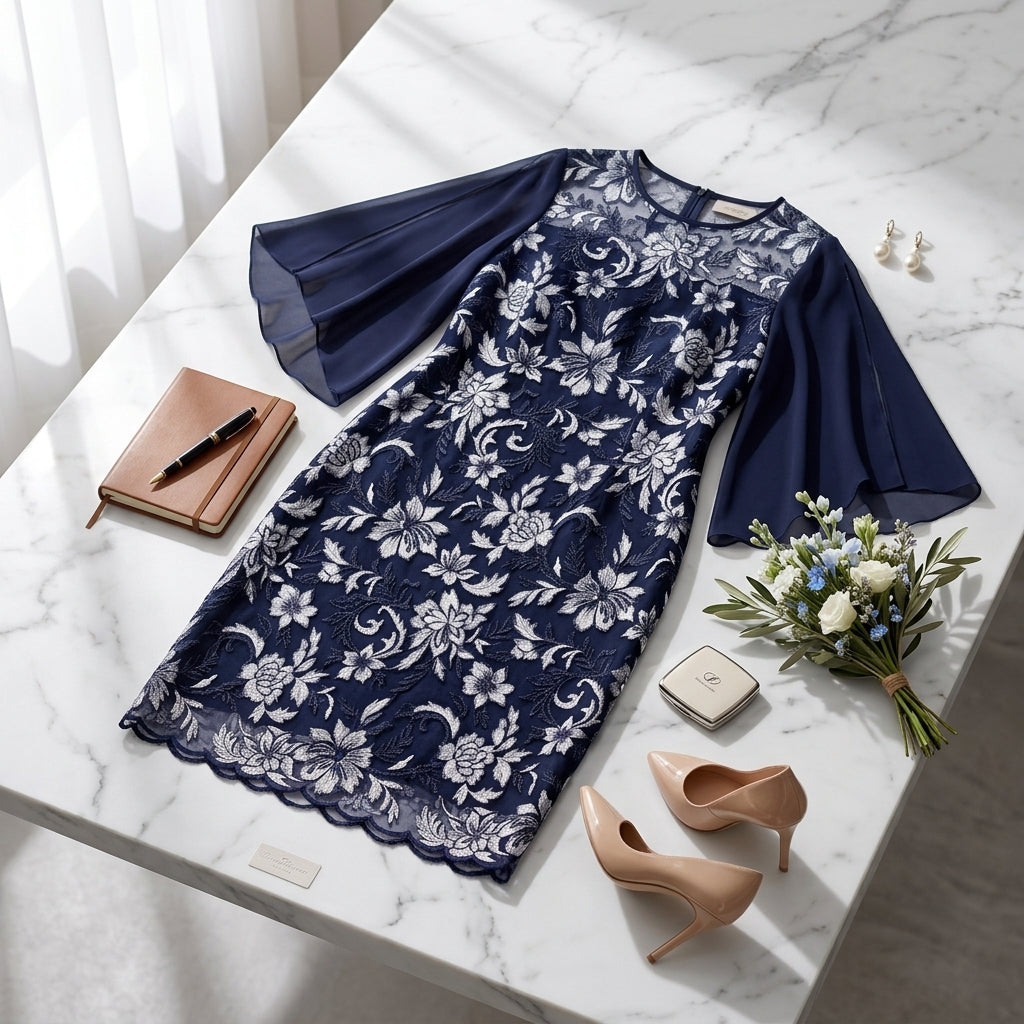 Robe midi Diana™ avec motif floral blanc et manches en cape transparentes