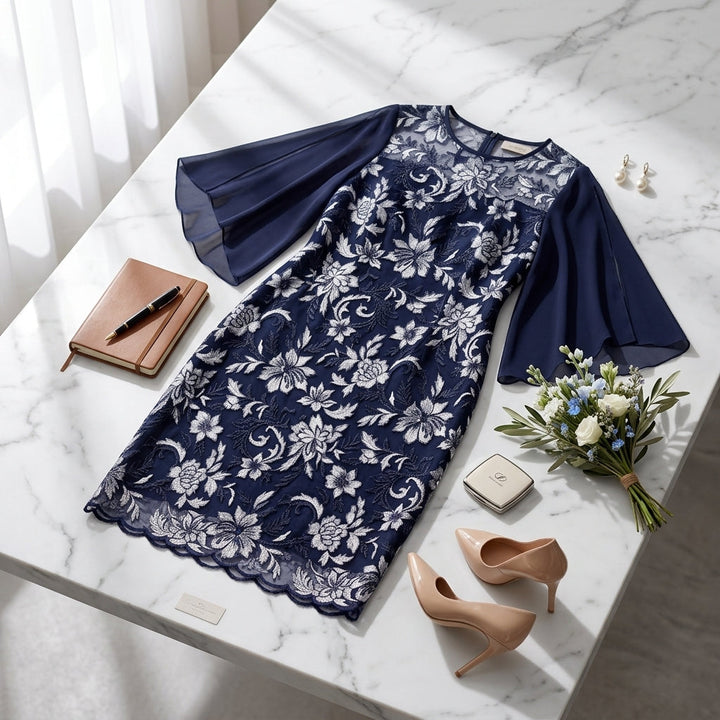 Robe midi Diana™ avec motif floral blanc et manches en cape transparentes
