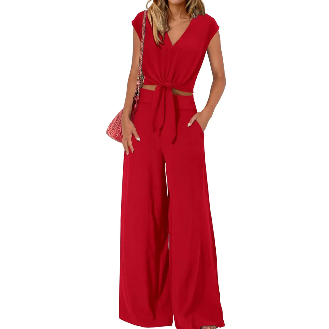 Michelle - Top court à décolleté en V avec nœud devant et ensemble de pantalon large