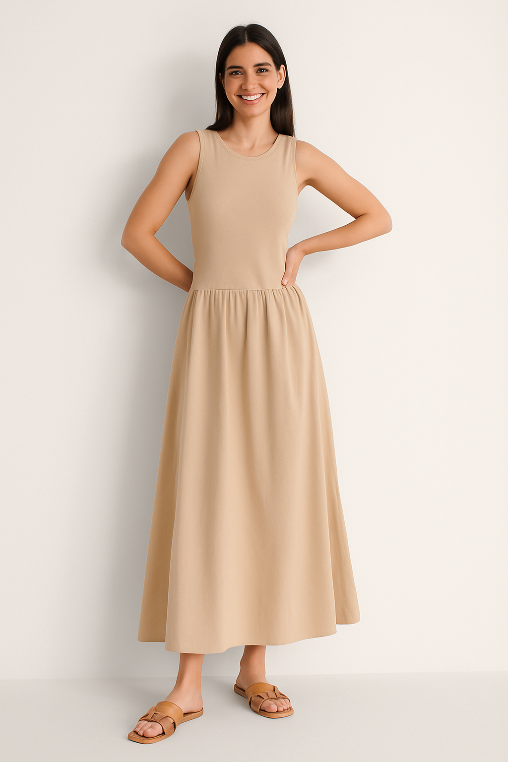 Robe Midi Sans Manches Regina avec Col Rond
