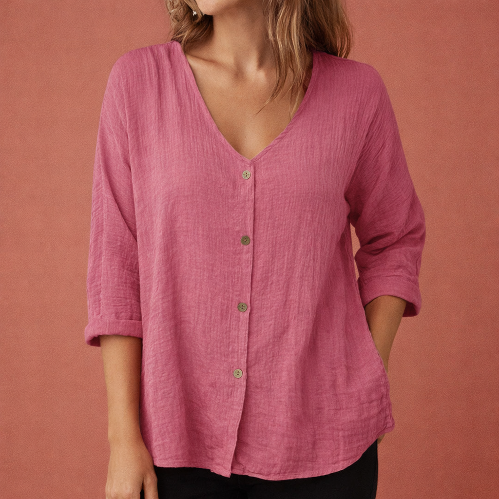 T-shirt femme à col en V avec fermeture à boutons et manches trois-quarts | Ylena