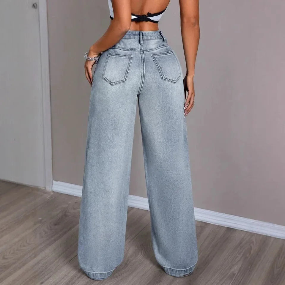Jeans Baggy Taille Haute Femme Bleu Clair