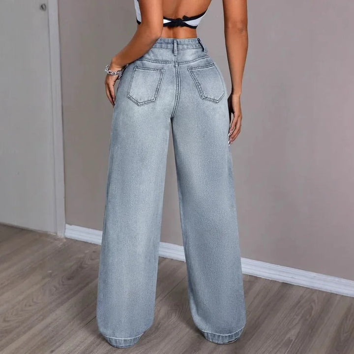 Jeans Baggy Taille Haute Femme Bleu Clair