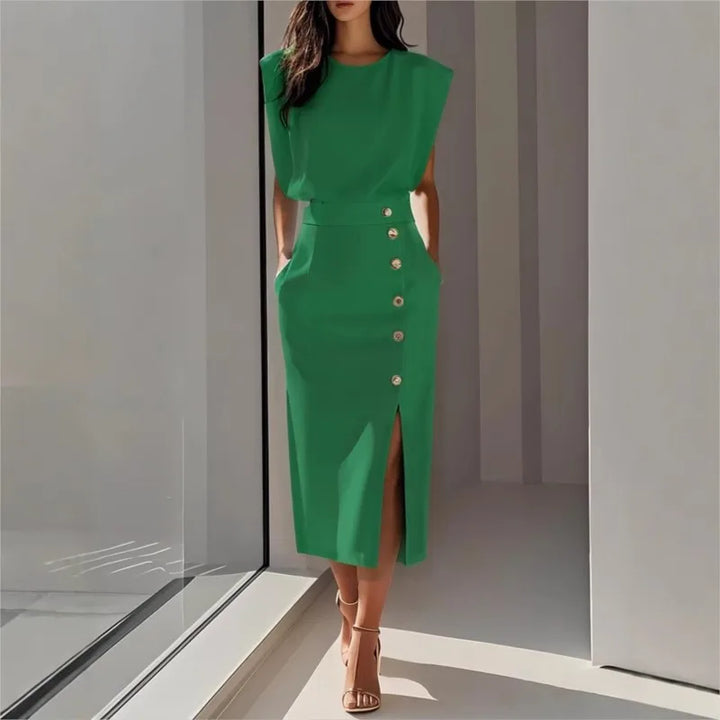 Robe Midi Maelle™ Avec Épaules Structurées, Boutons Latéraux Et Fente Avant