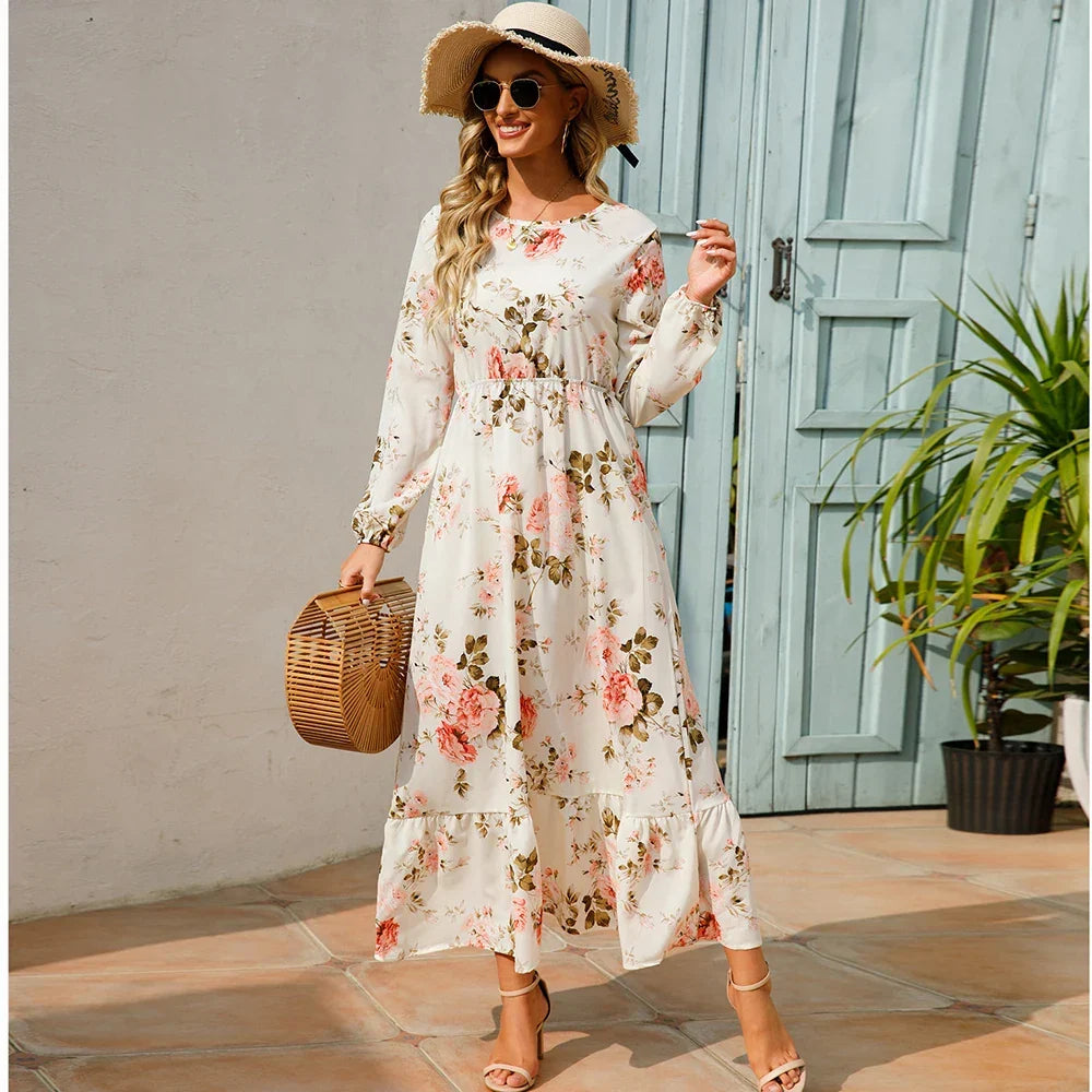 Robe maxi Boho à fleurs pour femmes | Manches longues
