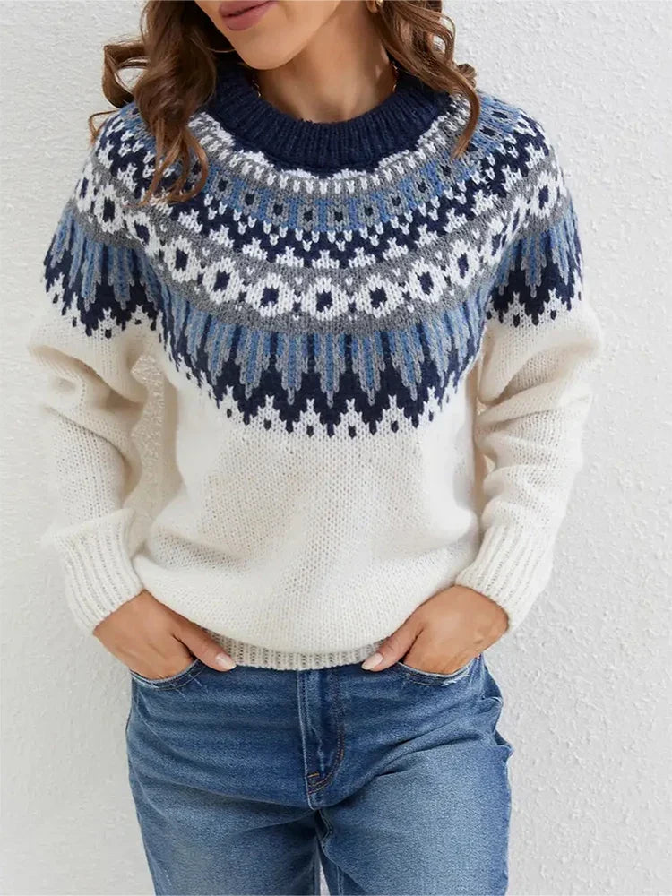 Pull en grosse maille Norvégien pour femmes | Col rond avec motif Fair Isle
